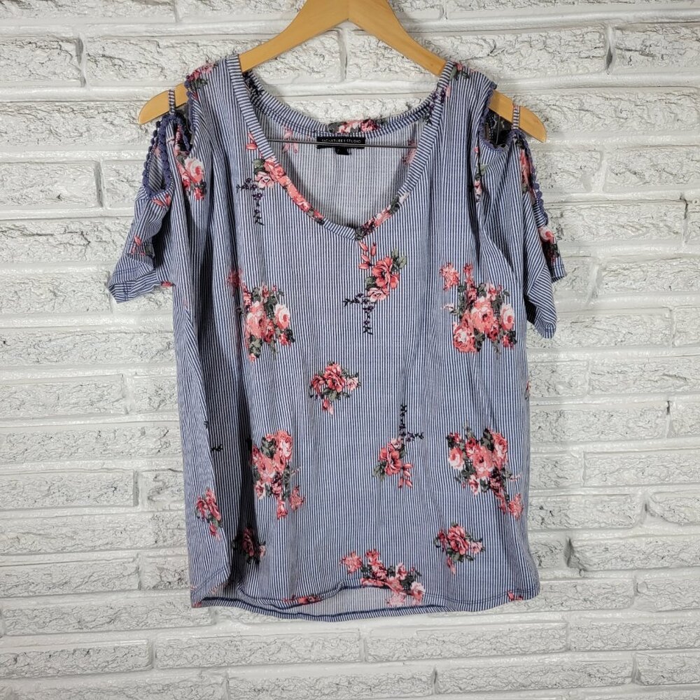 Signature Studio Women's Plus Size 2X Blue Pink Floral Cold Shoulder Top FLO295E